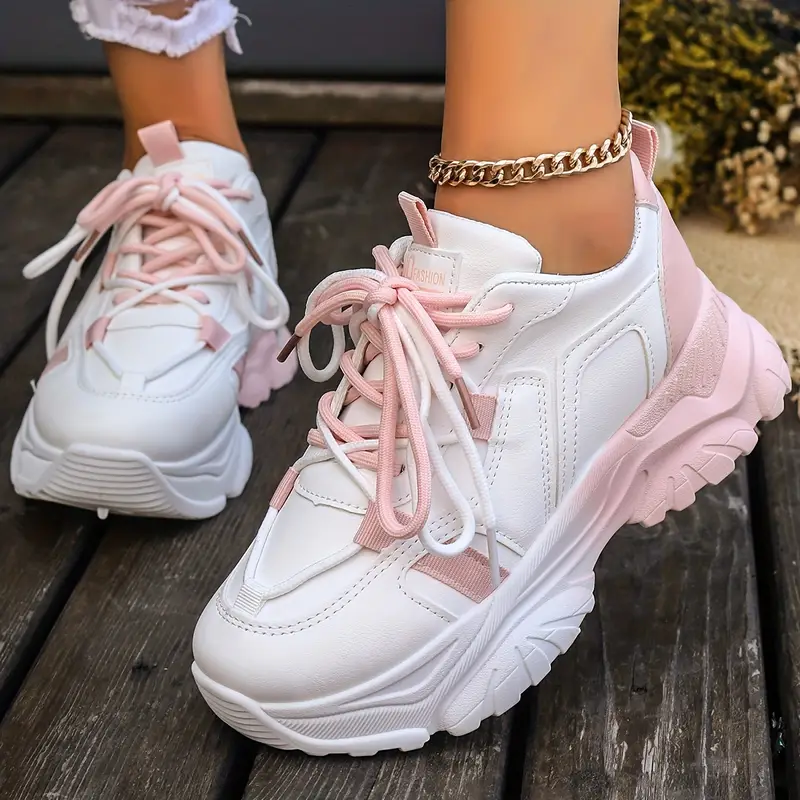 womens two tone chunky sneakers trendy lace up platform low top trainers casual sports shoes details 8