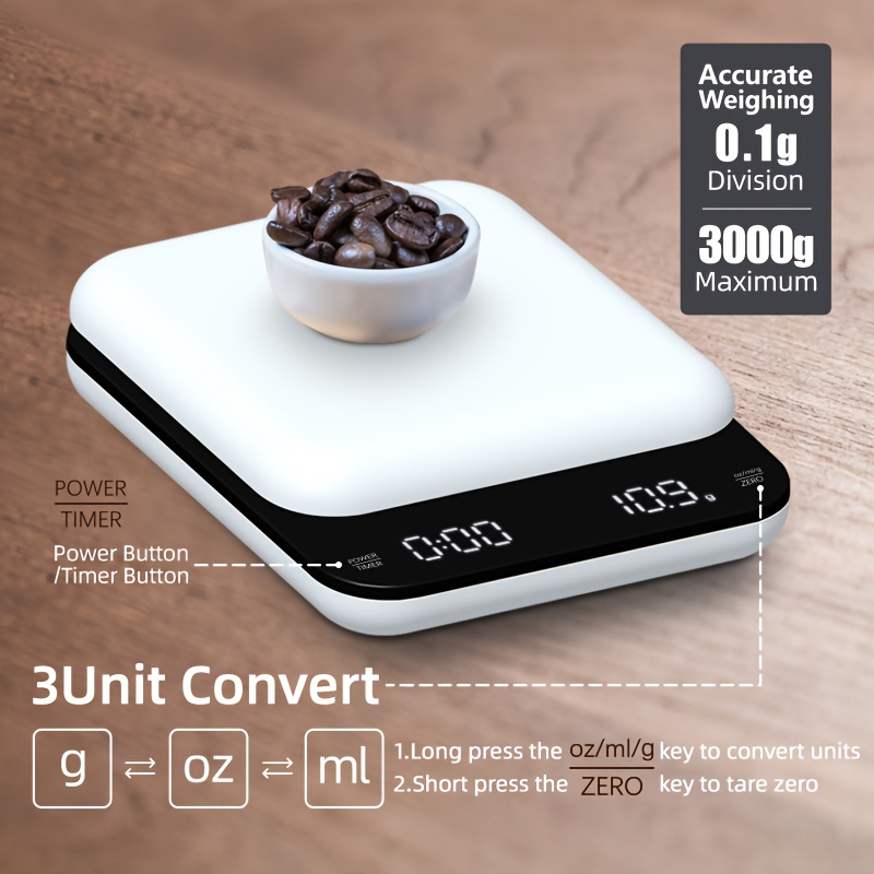 Digital Coffee Scale with Timer 3000g/0.1g, High Precision Rechargeable  Digital Food Scale, Double LED Display for Pour Over, Espresso, Drip Coffee
