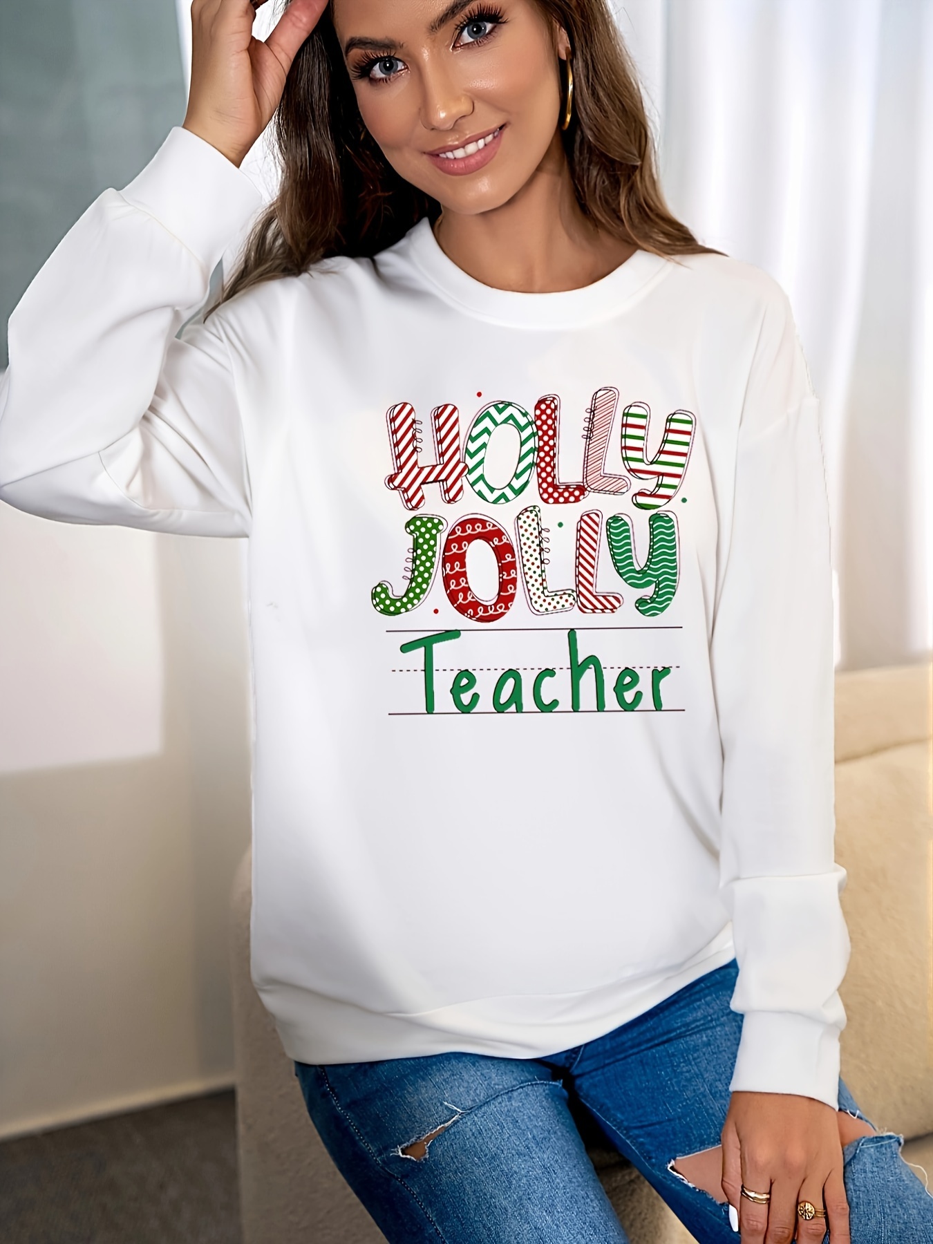 Preschool Teacher Christmas Sweatshirt, Holly Jolly Preschool Teacher