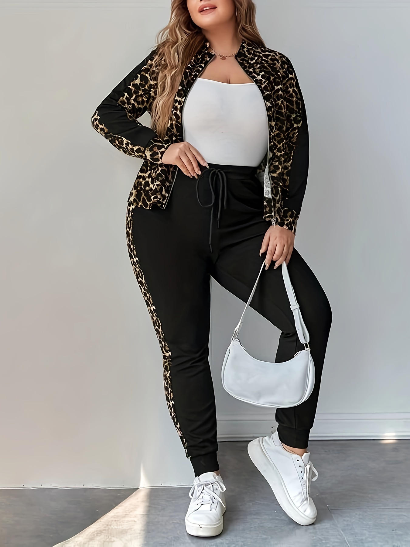 Plus Size Casual Outfits Set, Women's Plus Leopard Print Long Sleeve Zipper  Top & Joggers Outfits Two Piece Set