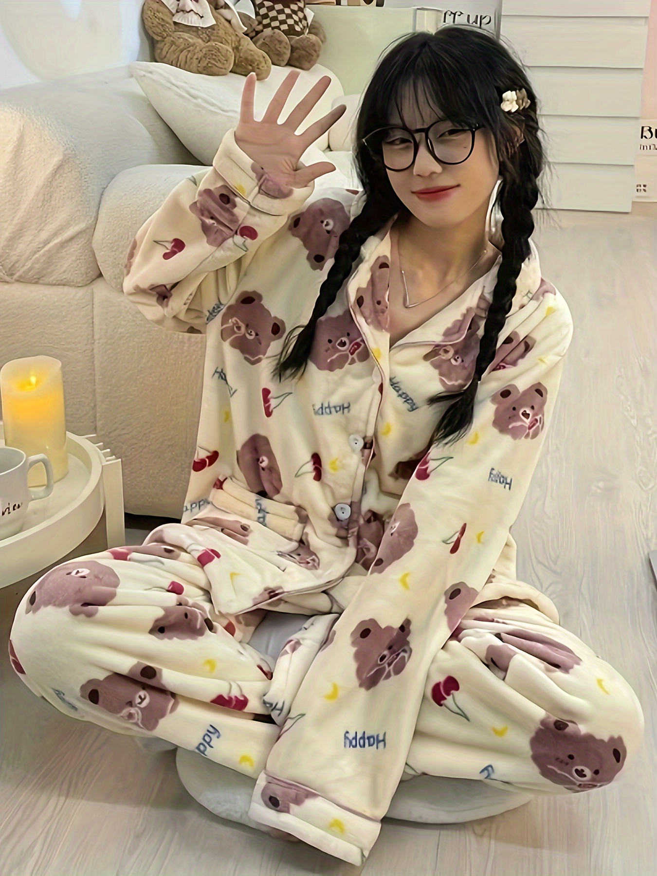 Cartoon Bear Print Pajama Set, Thickened & Warm Long Sleeve Button Up Top &  Pajama Pants, Women's Sleepwear & Loungewear