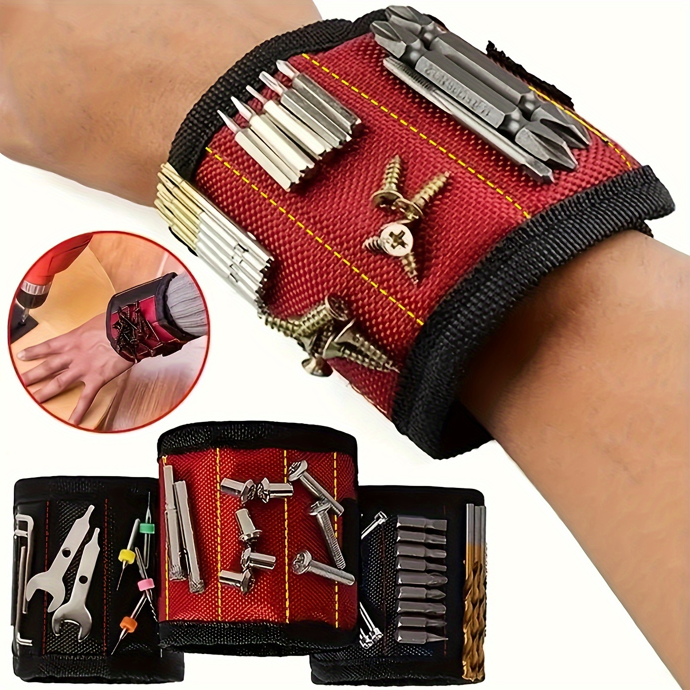 Bracelet Magnétique Poignet Outil Aimant puissant pour bricolage Porte  Visserie, Écrous, Boulons, Clous  37 x 9cm - rouge