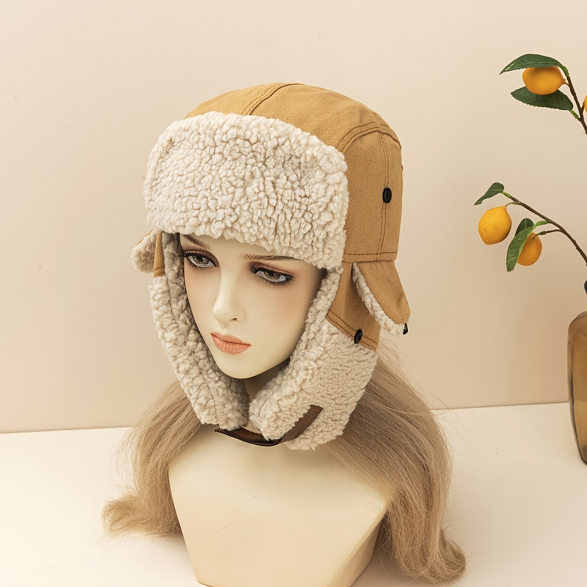 Warm Winter Trapper Hat - Canvas & Faux Cashmere Thermal Bomber