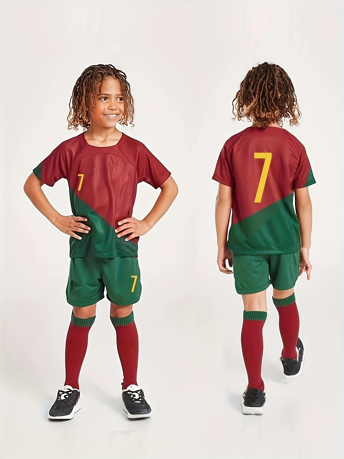 2 Piezas/Conjunto Camiseta De Fútbol, N. ° 7, Pantalones Cortos, Calcetines  Y Rodilleras, Ropa Para Niños