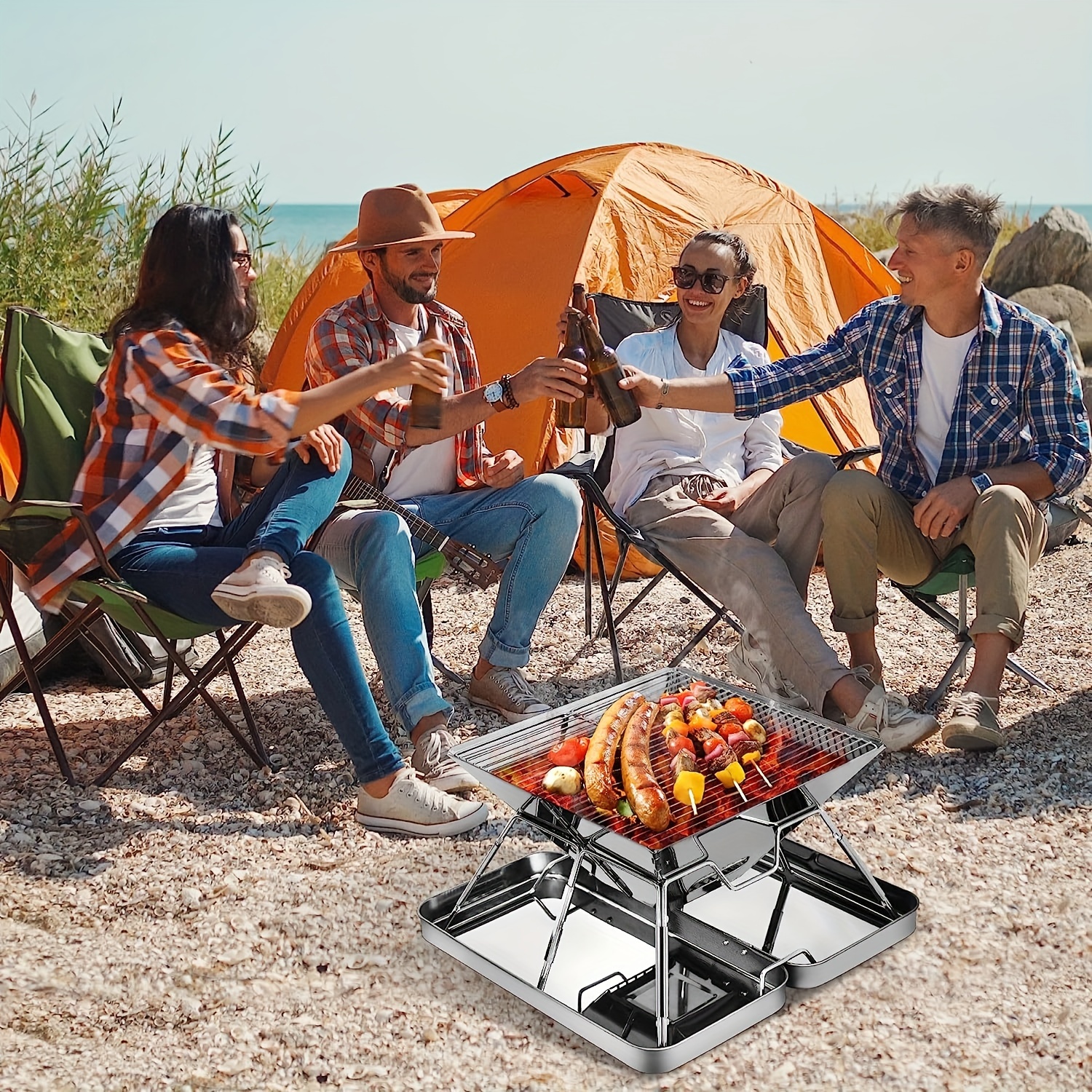 Folding Portable Barbecue Charcoal Grill, Barbecue Desk Tabletop Outdoor  Stainless Steel Smoker BBQ for Outdoor Cooking Camping Picnics Beach (M1)