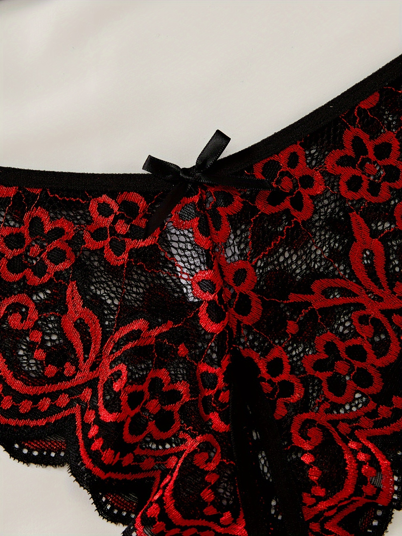 Red and Black Scalloped Lace Open Crotch Tanga Crotchless Panties