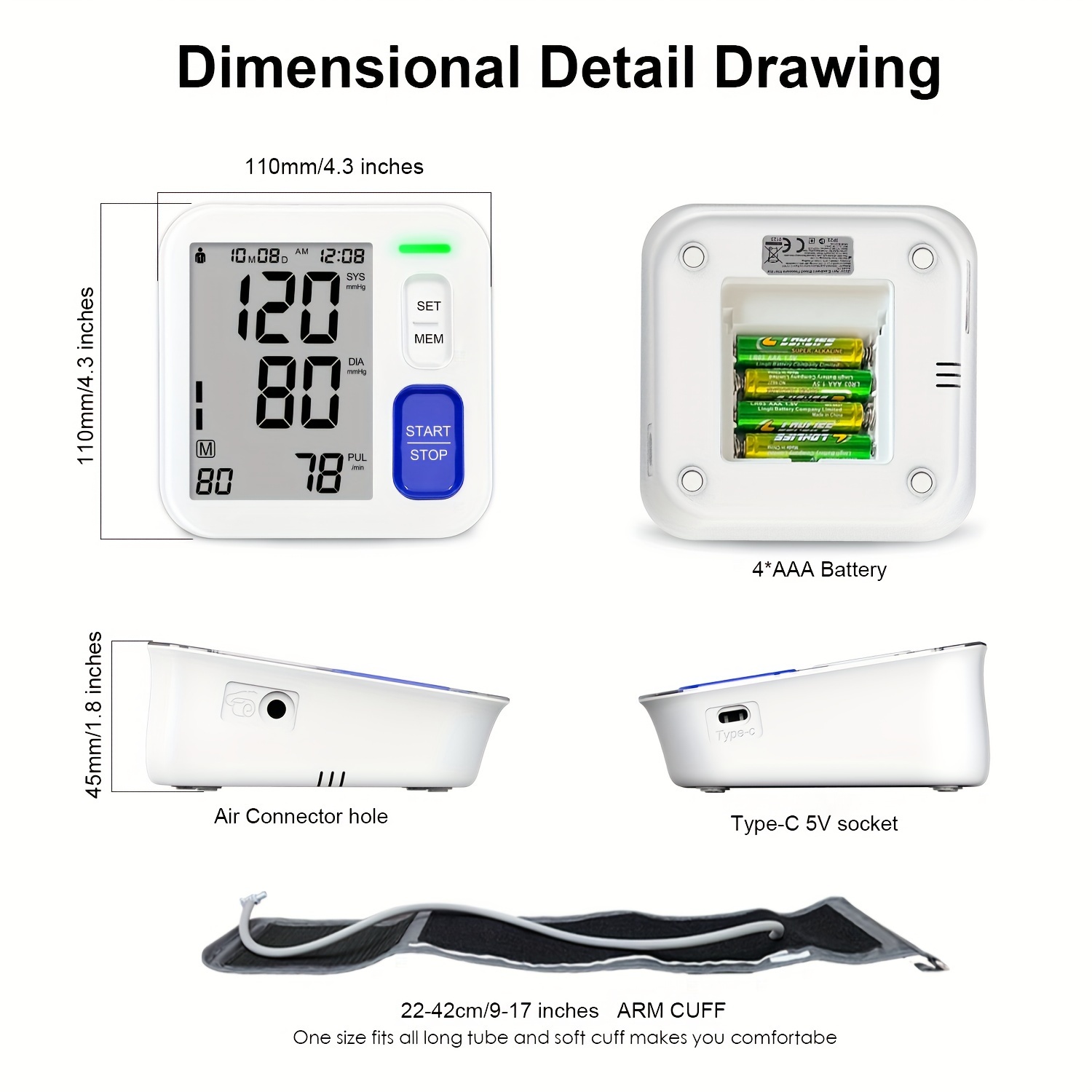 Blood Pressure Monitor, 9-17'' & 13-21'' Extra Large Blood Pressure Cuff  Upper Arm, LED Color Backlit Screen Automatic Digital Blood Pressure  Machine