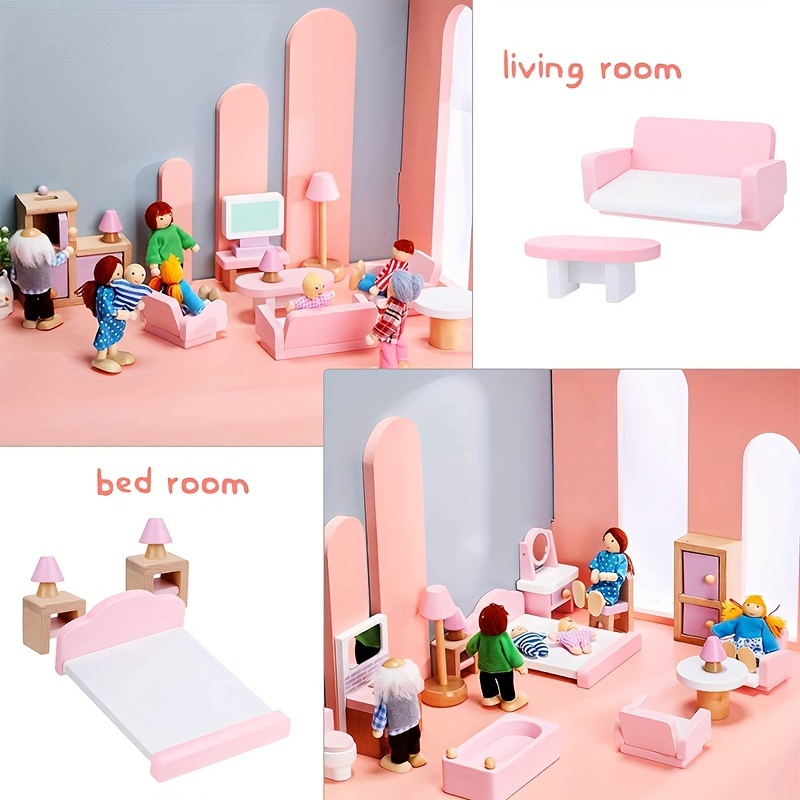 22pcs Wooden Dollhouse Furniture Set Family Play House Games, Mini  Furniture Dollhouse Accessories Pretend Play Furniture Toys Family Figures 