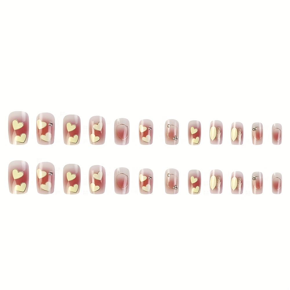Pink Square Press On Nails with Heart and Gem Glossy Stick On Nails