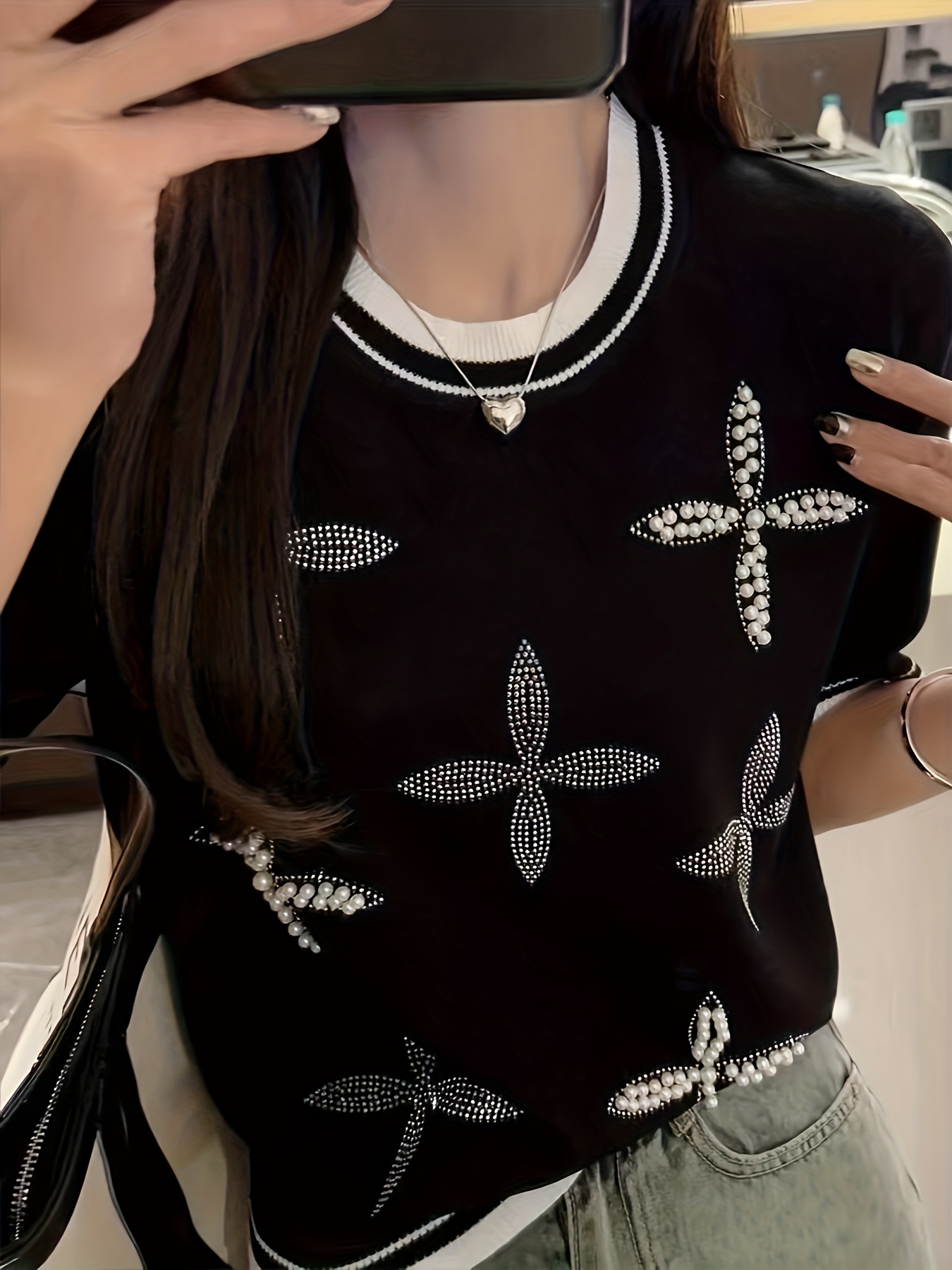 Beaded Rhinestone Crew Neck Knitted Top, Casual Short Sleeve Sweater For  Spring & Summer, Women's Clothing - Temu