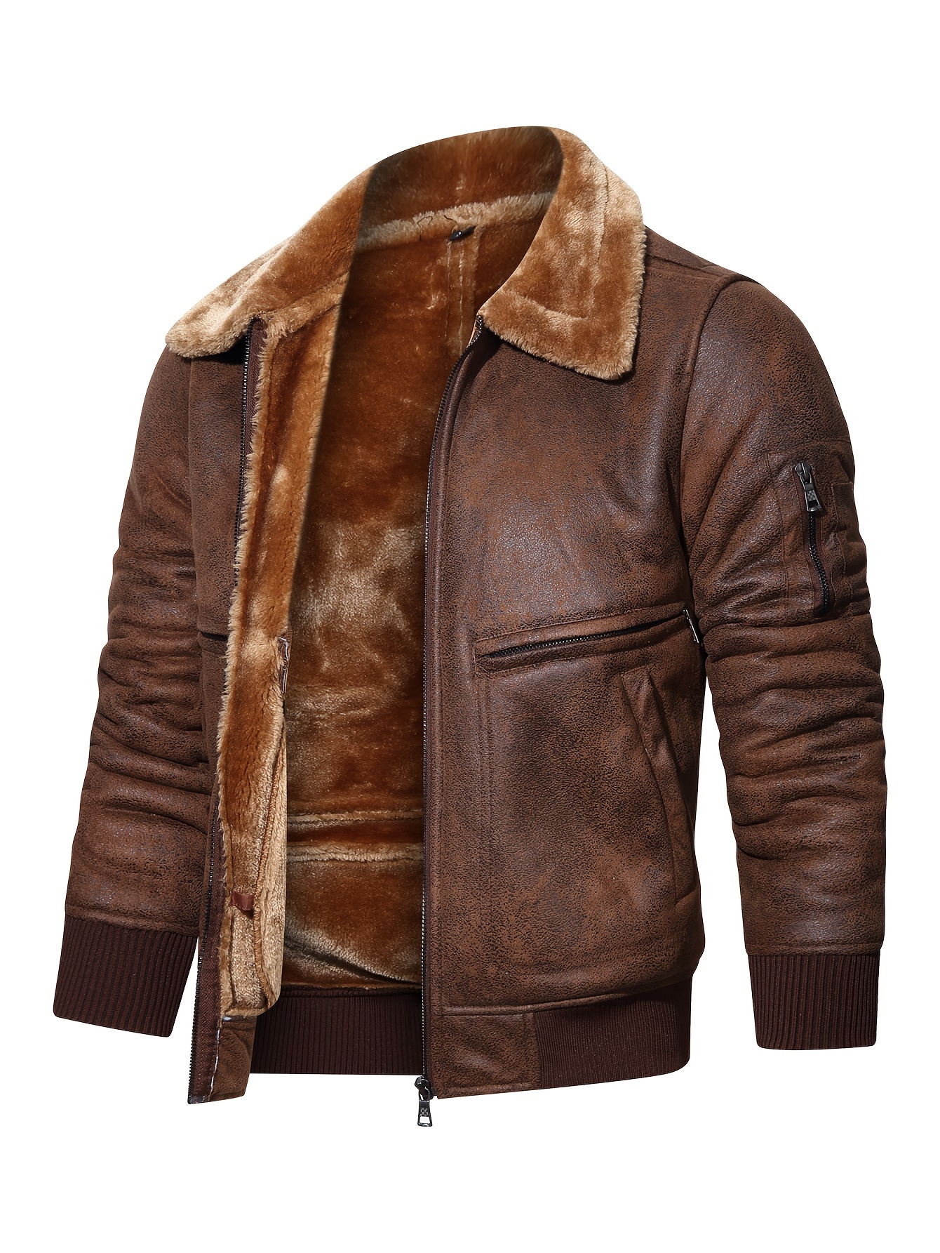 Warm Fleece PU Jacket, Men's Casual Solid Color Zip Up Fur Collar Faux  Leather Jacket For Fall Winter