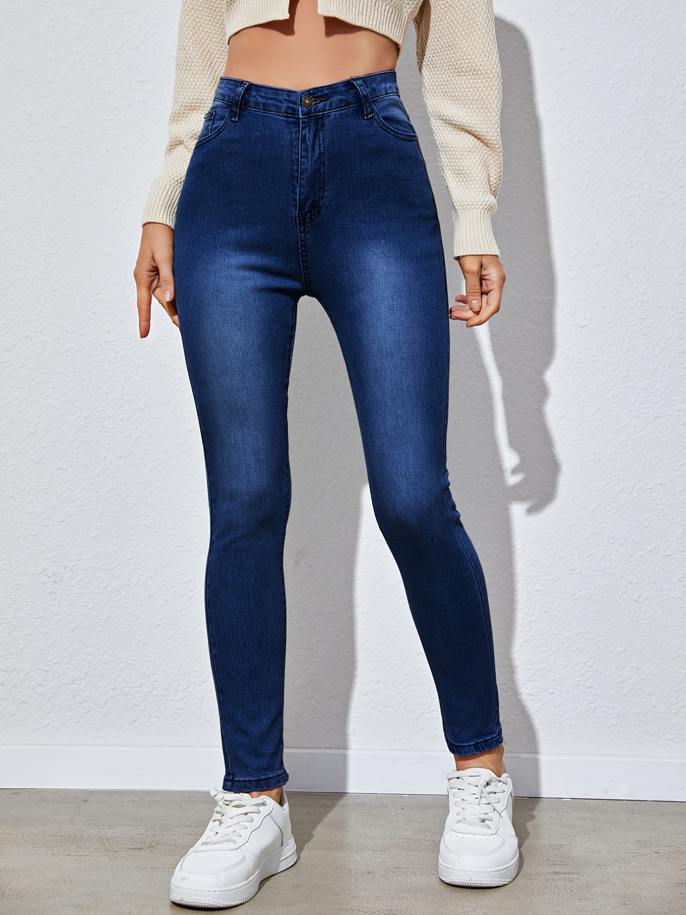 High * Solid Color Skinny Jeans, High Waist Stretchy Tight Fit Plain Design  Denim Pants, Women's Denim & Clothing