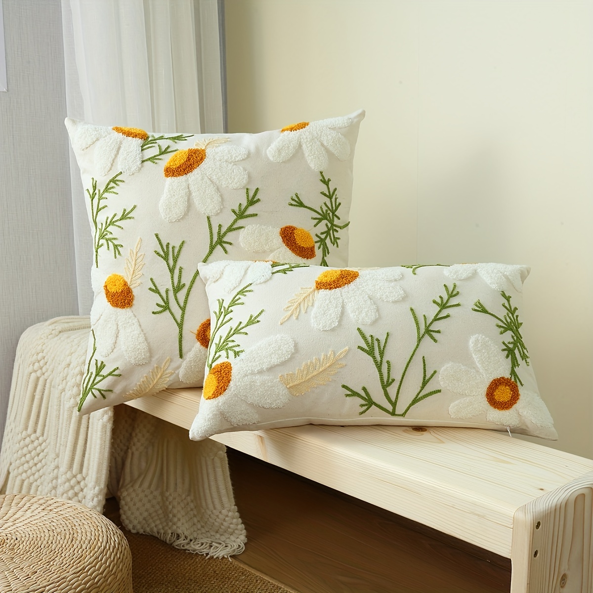 Tufted Embroidered Cushion Cover Boho Pillow Decorative Throw