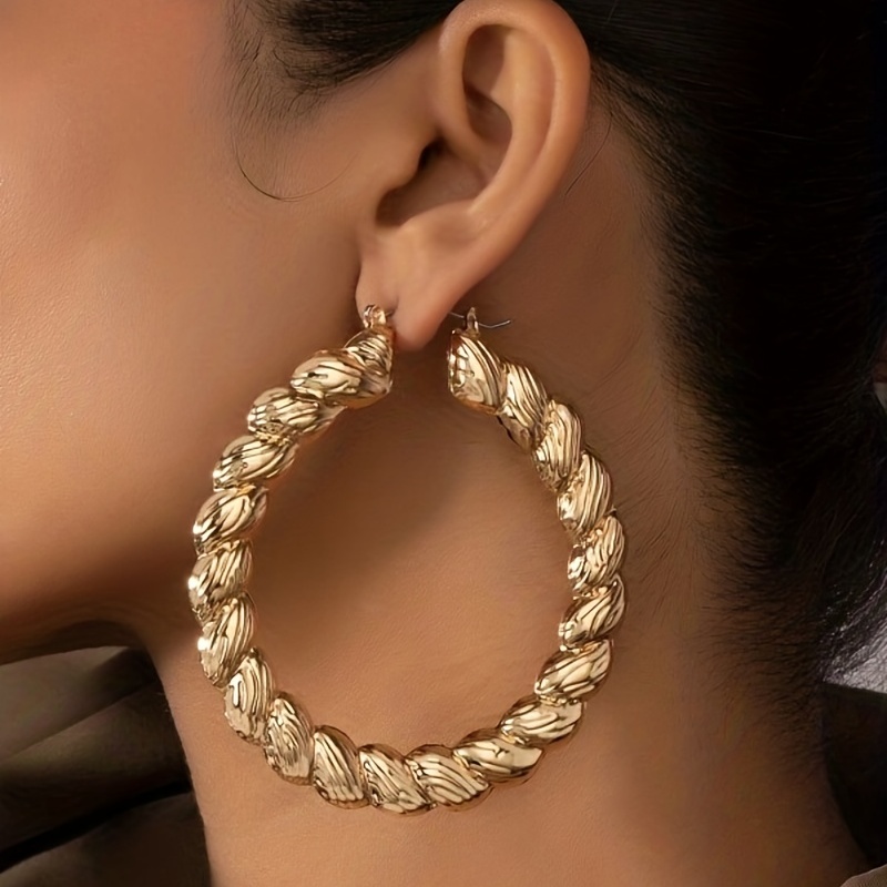 Exaggerated Twist Golden Hoop Earrings, Retro Style