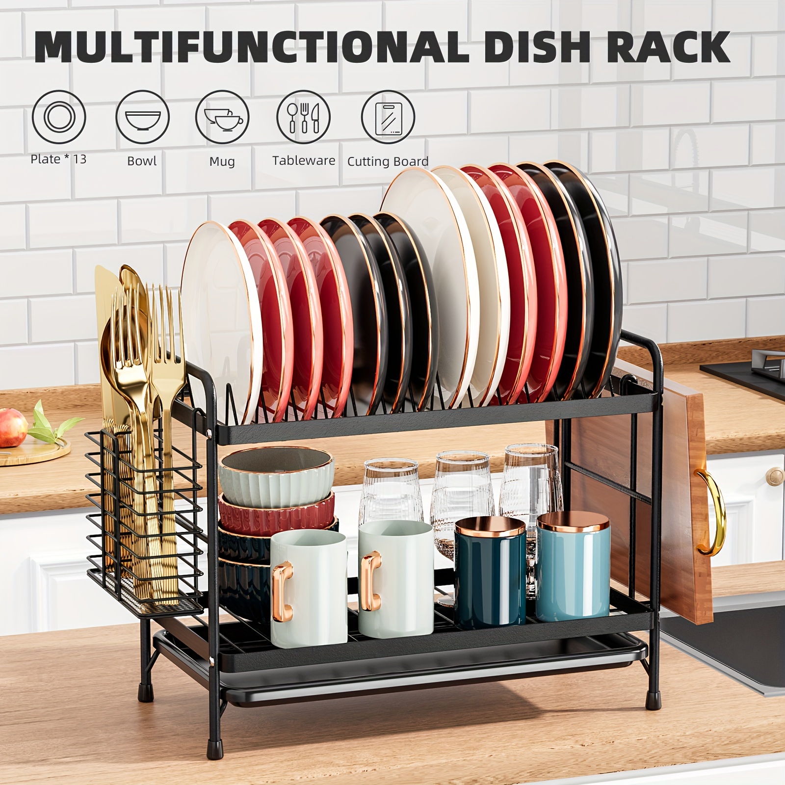 Hanging Dish Drying Rack with Drip Tray, Collapsible Dish Drainer with  Cutlery Holder, Hooks, Fruit Vegetable Kitchen Supplies Plates Bowls Cups
