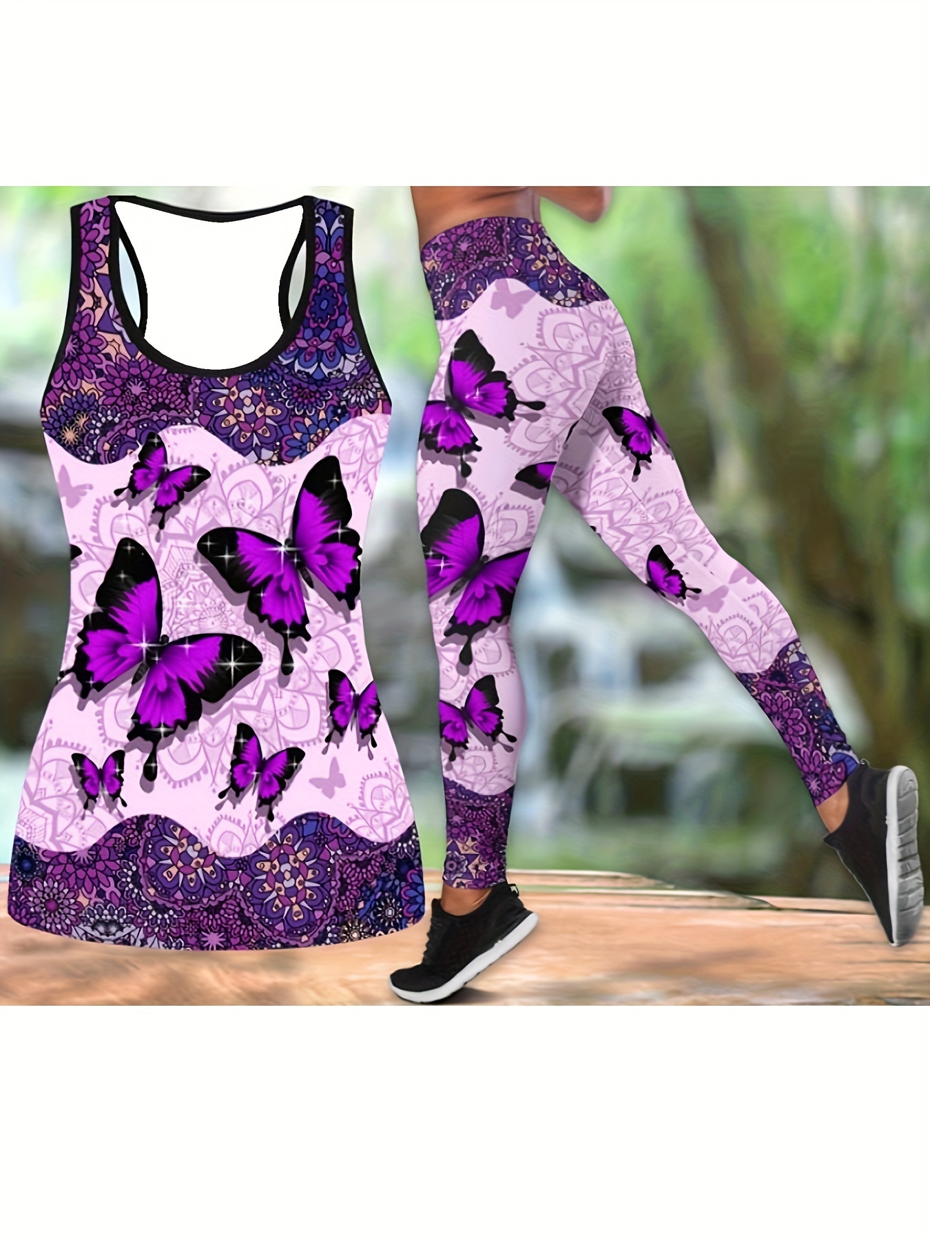 Butterfly Print Matching Two piece Set Tank Top Leggings - Temu