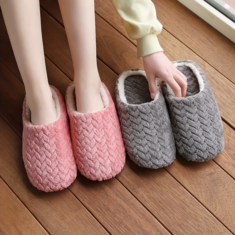 Solid Color Plush Winter Slippers, Closed Toe Soft Sole Slip On Shoes, Winter Warm Home Floor Slippers