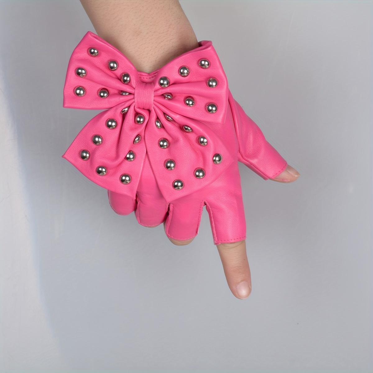 Rivet Bow PU Leather Gloves Punk Dance Performance Half Finger Gloves