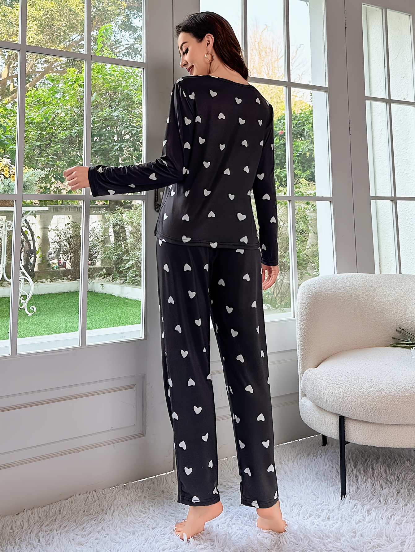 Casual Heart Print Fleece Pajama Set, Long Sleeve Crew Neck Top & Elastic  Pants For Valentine's Day, Women's Sleepwear & Loungewear