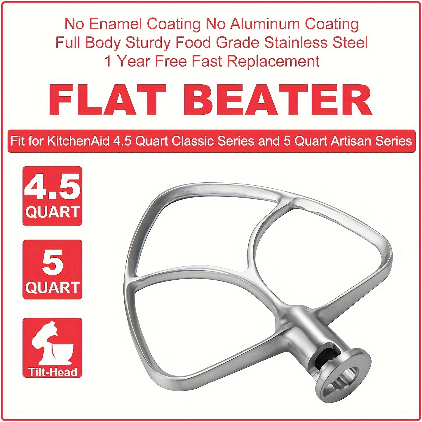 Stainless Steel Flat Beater Mixer Attachments and Accessories Replacement,  Paddle for 4.5-5QT Tilt-Head Stand Mixers Attachments,Non Coated,  Dishwasher Safe(NOT for Lift-Bowl type)