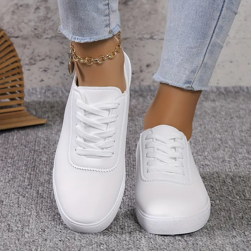 Look Moda: Zapatos Planos Skate Mujer Tenis Blancos Cordones - Temu