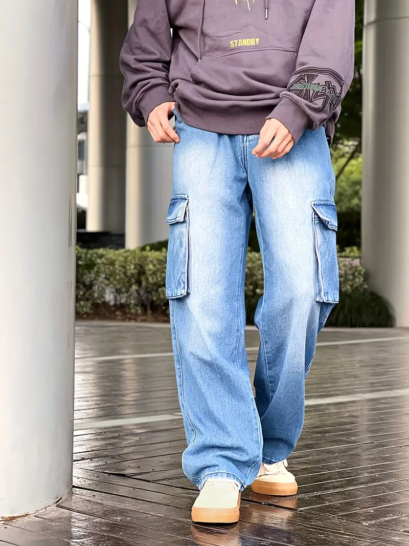 - Herren Street-Style-Denim-Cargohose Germany Lässige Fit Temu Multi-Pocket-Jeans, Loose Für