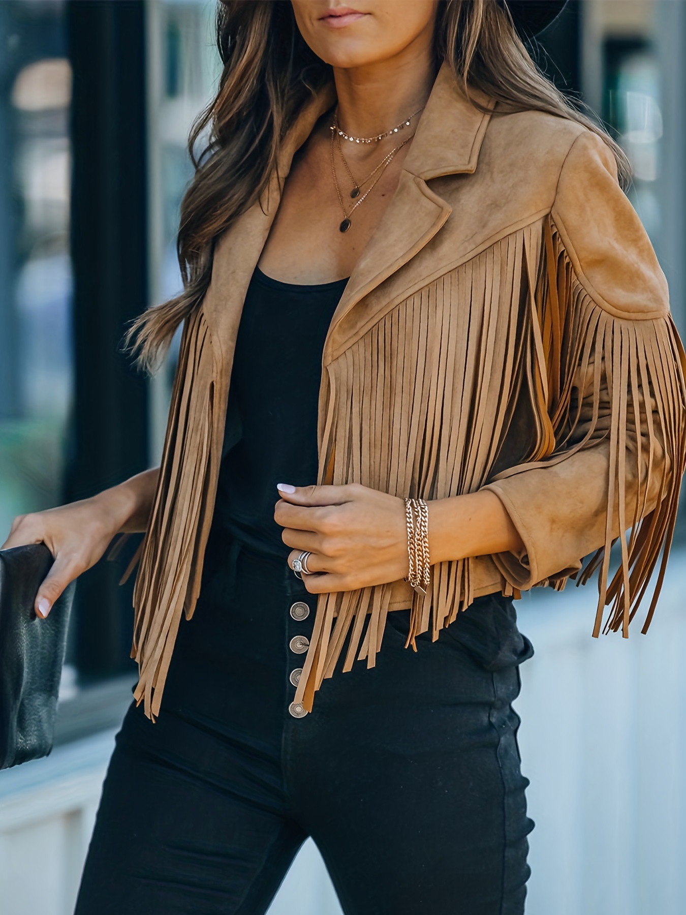 Cropped Fringe Suede Faux Leather Motorcycle Jacket Fashion