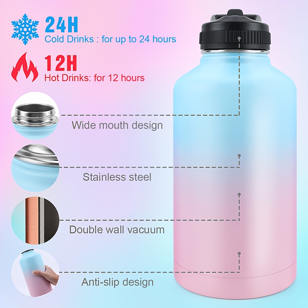 BOTTLE BOTTLE Insulated Water Bottle 64 oz with Straw and Dual-use Lid Half  Gallon Water Jug Vacuum Stainless Steel for Workout and Sports Insulated