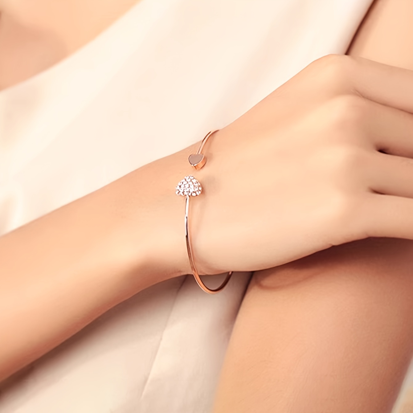 Love Heart Open Bangle Bracelet with Rhinestone Inlay
