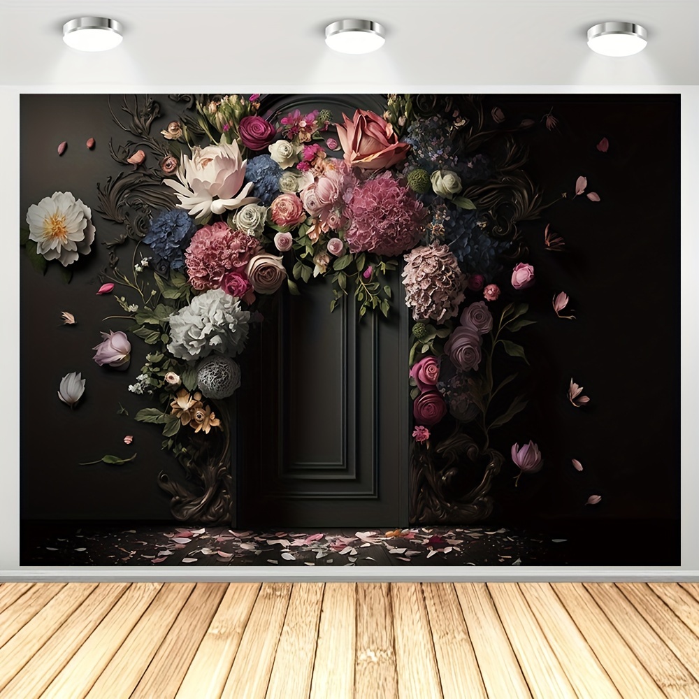

1pc, Romantic Wedding Photography Backdrop, Vinyl Rose Flower Black Background Wall Bridal Shower Engagement Banner Photo Studio Decoration Props 82.6x59.0 Inches/94.4x70.8 Inches