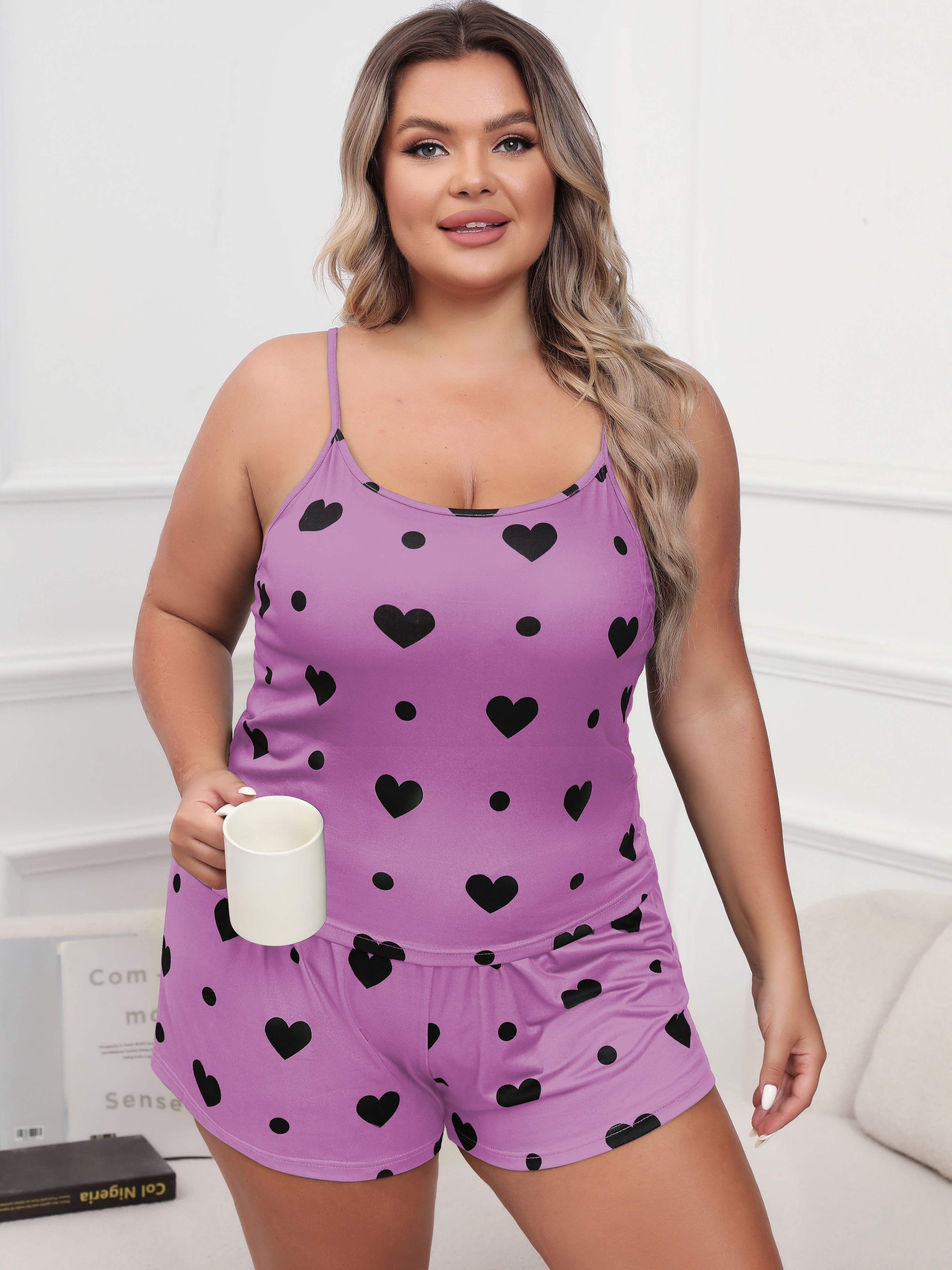 Plus Size Casual Pajama Set Women's Plus Heart Dot Print - Temu