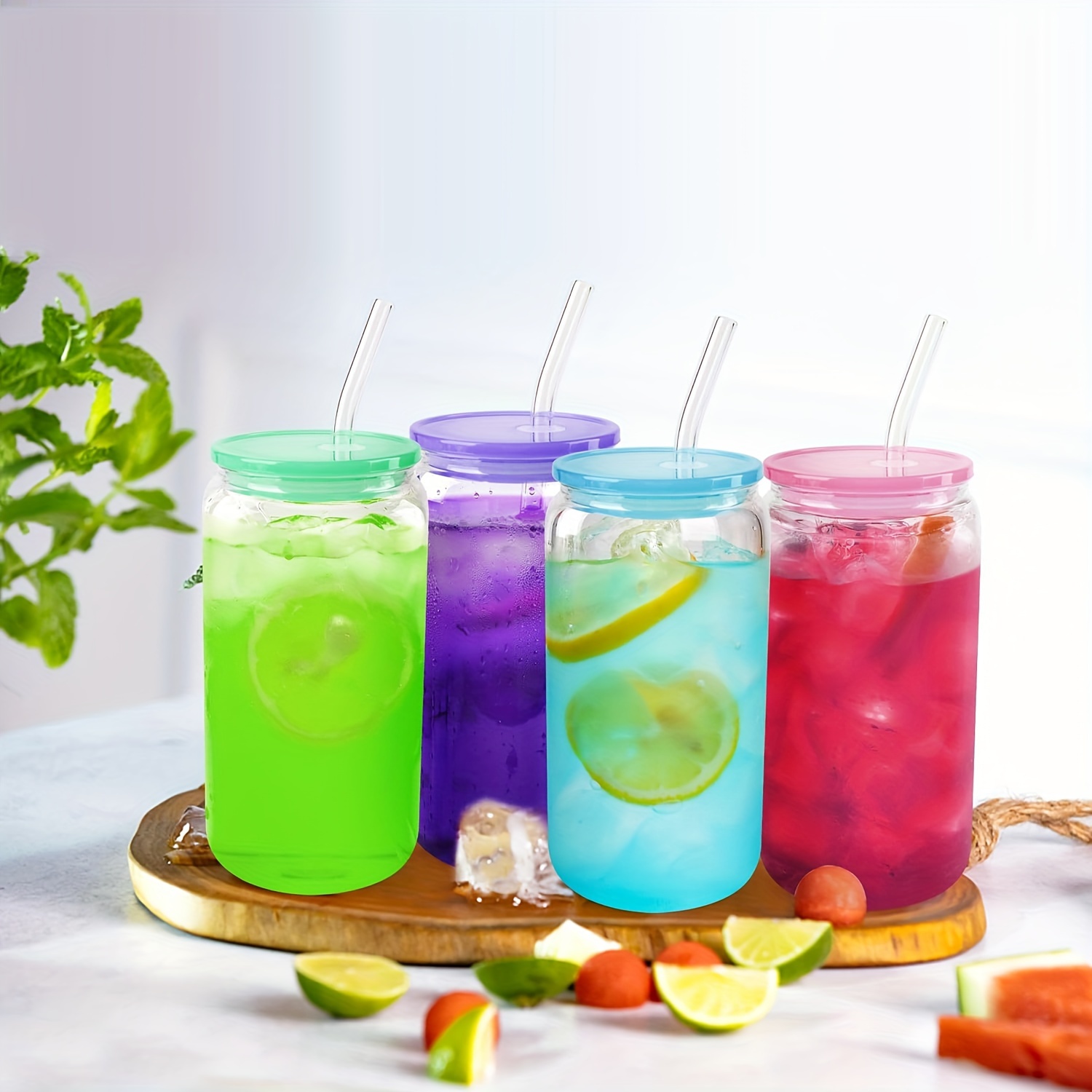 Glass Cups 16oz,4pcs Glass Cups with Lids and Straws,Drinking