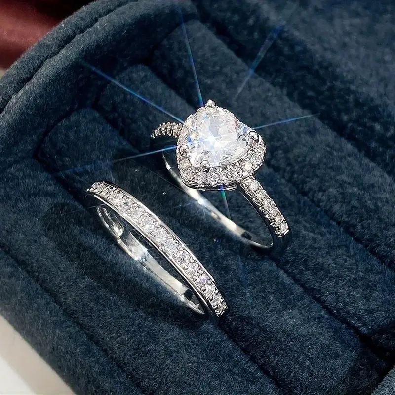 Conjunto de anillos de boda para mujer, anillo de compromiso de propuesta  romántica nupcial con corazón de circonita blanca