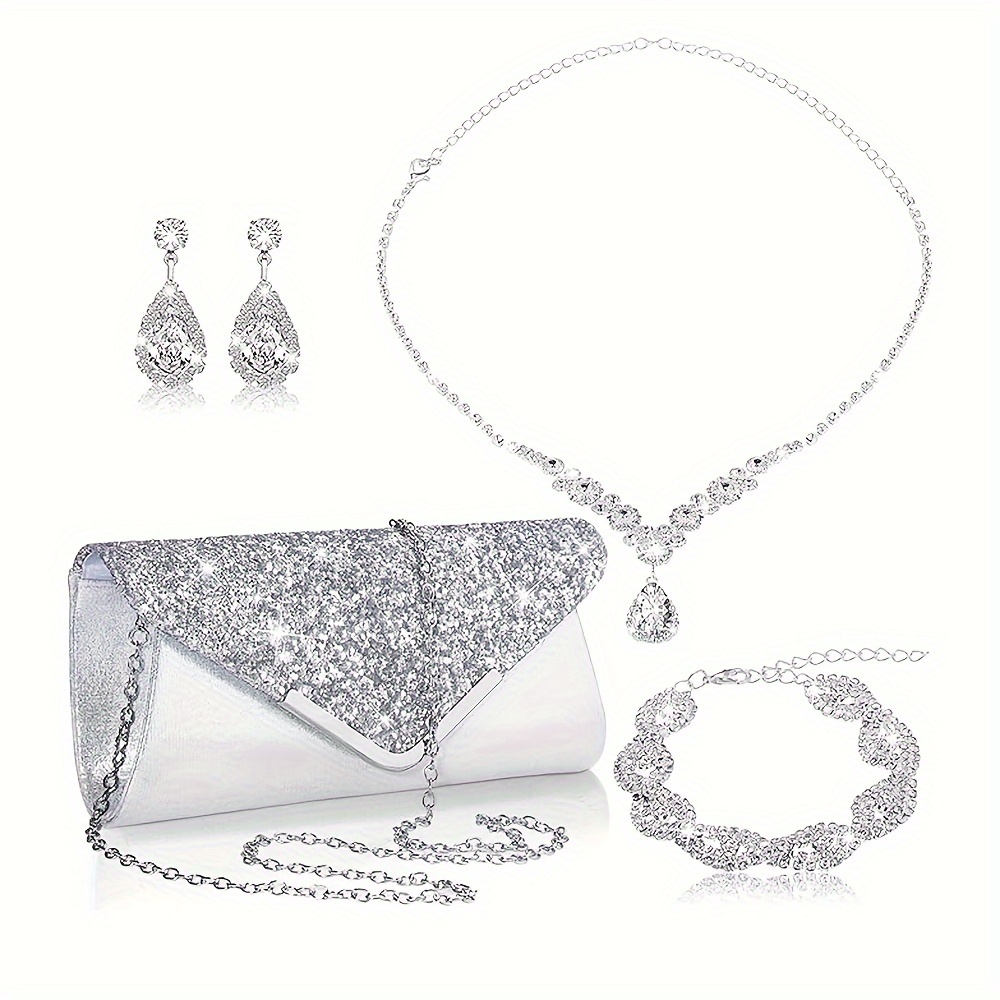 

1 Pair Of Earrings + 1 Necklace + 1 Bracelet + 1 Purse Elegant Jewelry Set Silver Plated Engagement/ Wedding Jewelry Gift For Her