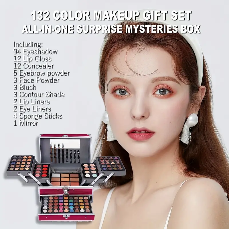 all in one makeup gift set kit 132 colors makeup kits includes 94 eyeshadow 12 lip gloss 12 concealer 5 eyebrow powder 3 face powder 3 blush 3 contour shade 2 lip liners 2 eye liners 4pcs eyeshadow brush details 6
