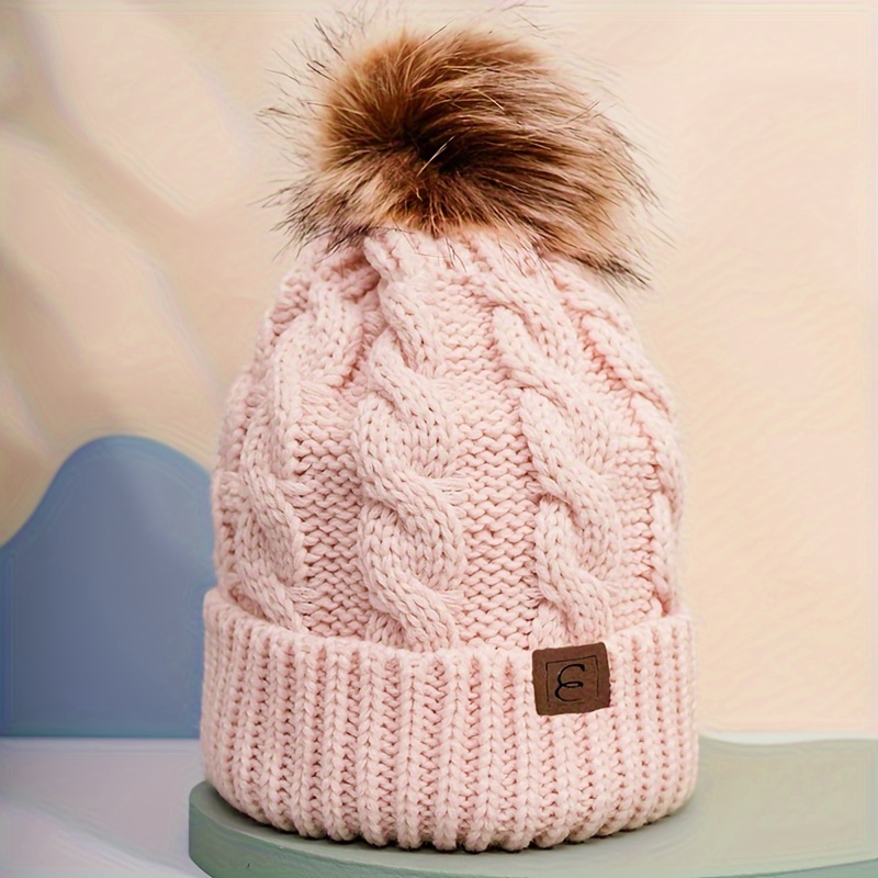 Solid Color Ribbed Beanie With Pom Trendy Label Patch Skull - Temu