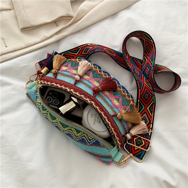 Boho Style Crossbody Bag, Colorful Geometric Print Purse, Ethnic