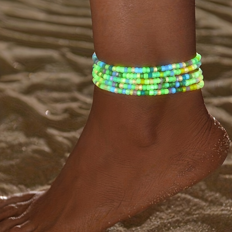 

10pcs/set Colorful Luminous Rice Beads Anklet, Lively Fashion Beach Style Versatile Elegant Daily Wear Jewelry Accessories For Music Festival