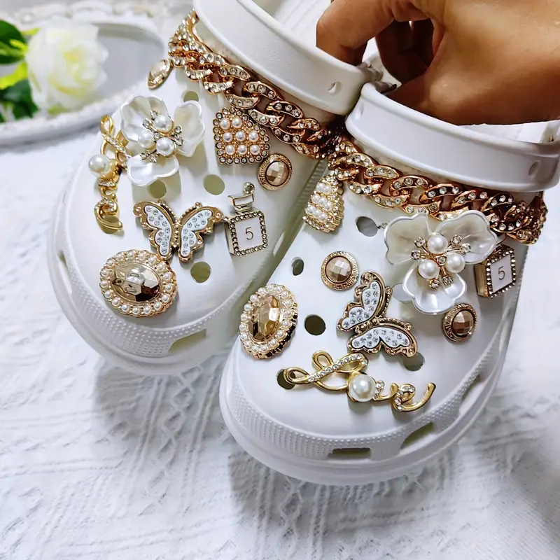 18 pezzi/set Accessori per scarpe carini ed eleganti Fiore di trifoglio,  Catena di perle con strass dorati - Perfetto per regali e feste