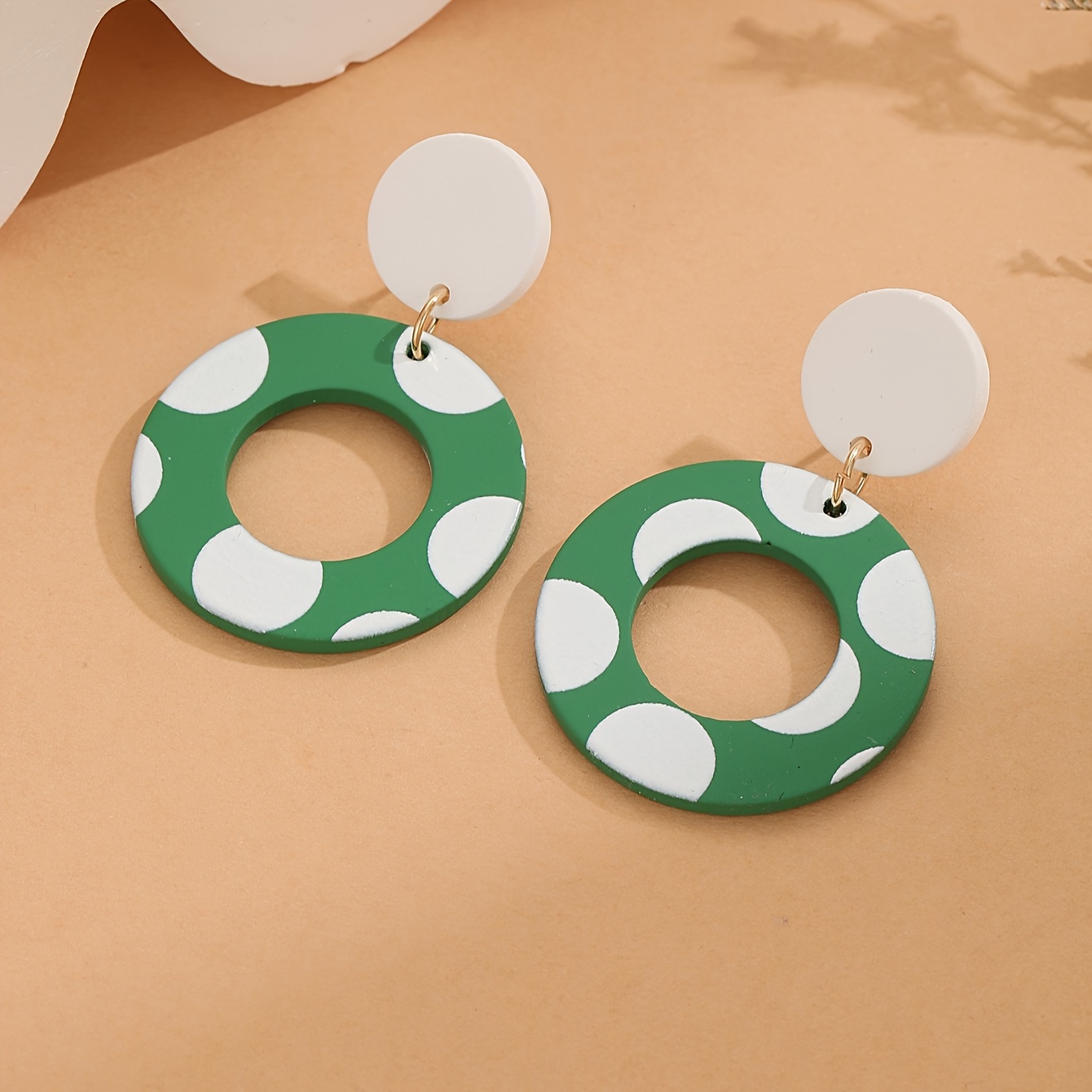 TEMU Green Hollow Circle Polka Dot Printed Drop Earrings For Women, A Perfect Gift