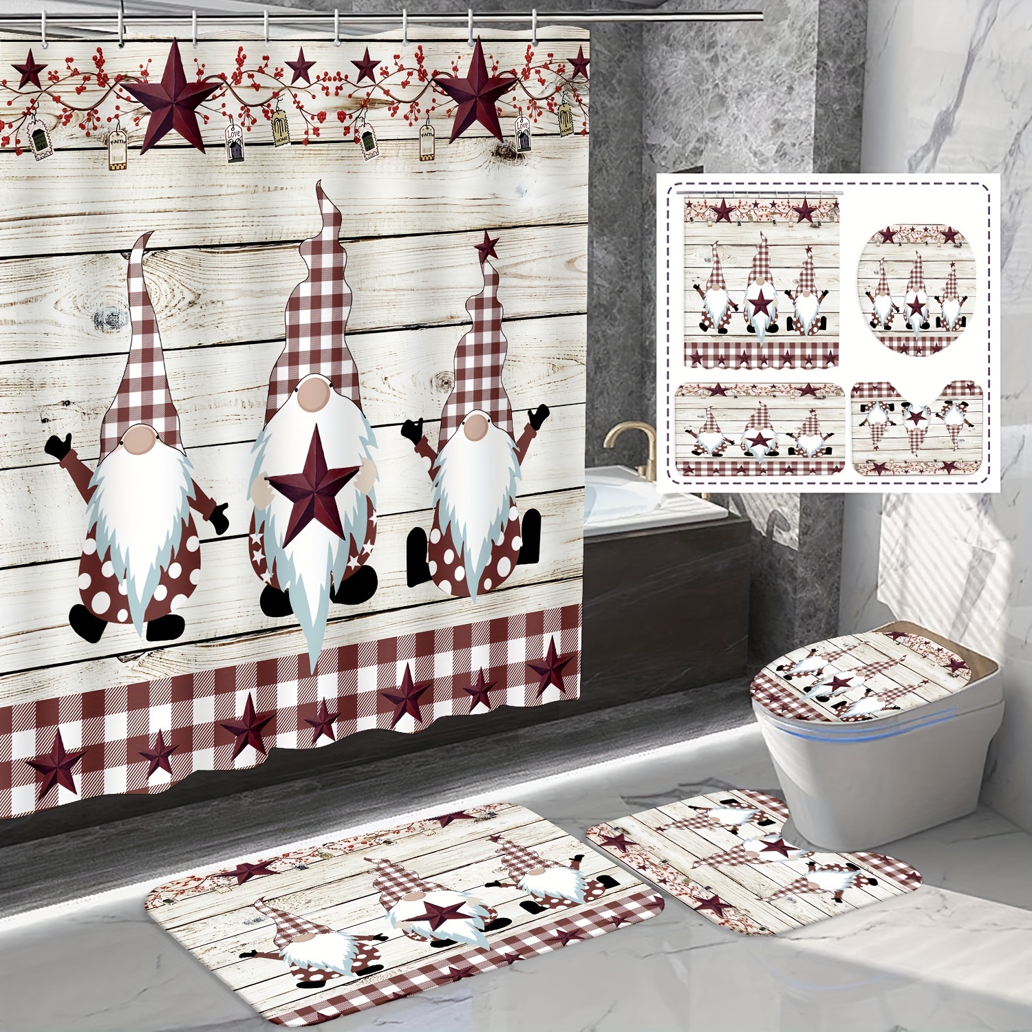  4 PCS Shower Curtain Sets, Gnome Sweet Farm Home