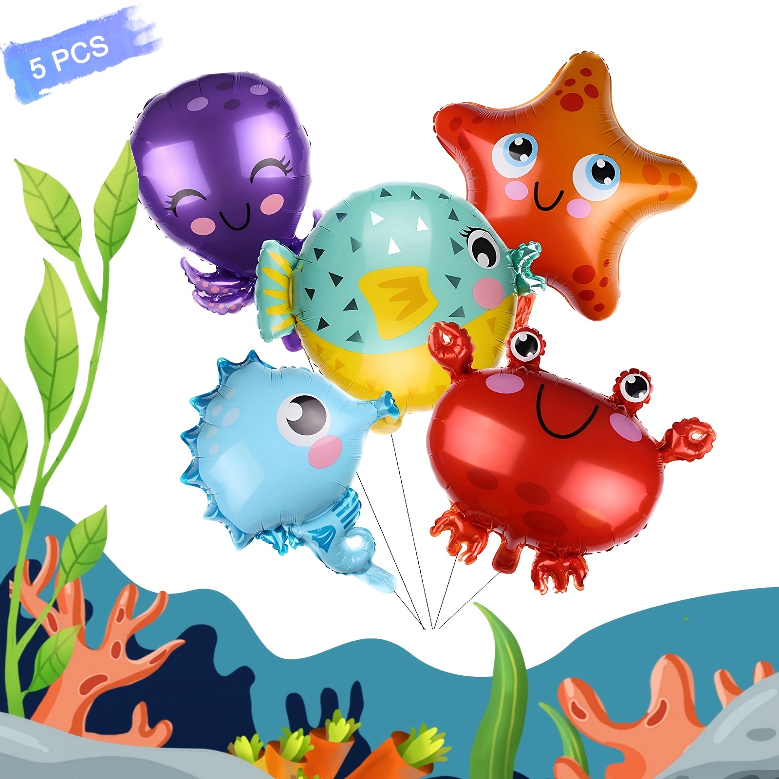 5pcs, Ocean Theme Party Balloon Decoration - Cartoon Fish, Starfish,  Octopus, Seahorse, and Crab Foil Balloons for Birthday Parties, Weddings,  Family