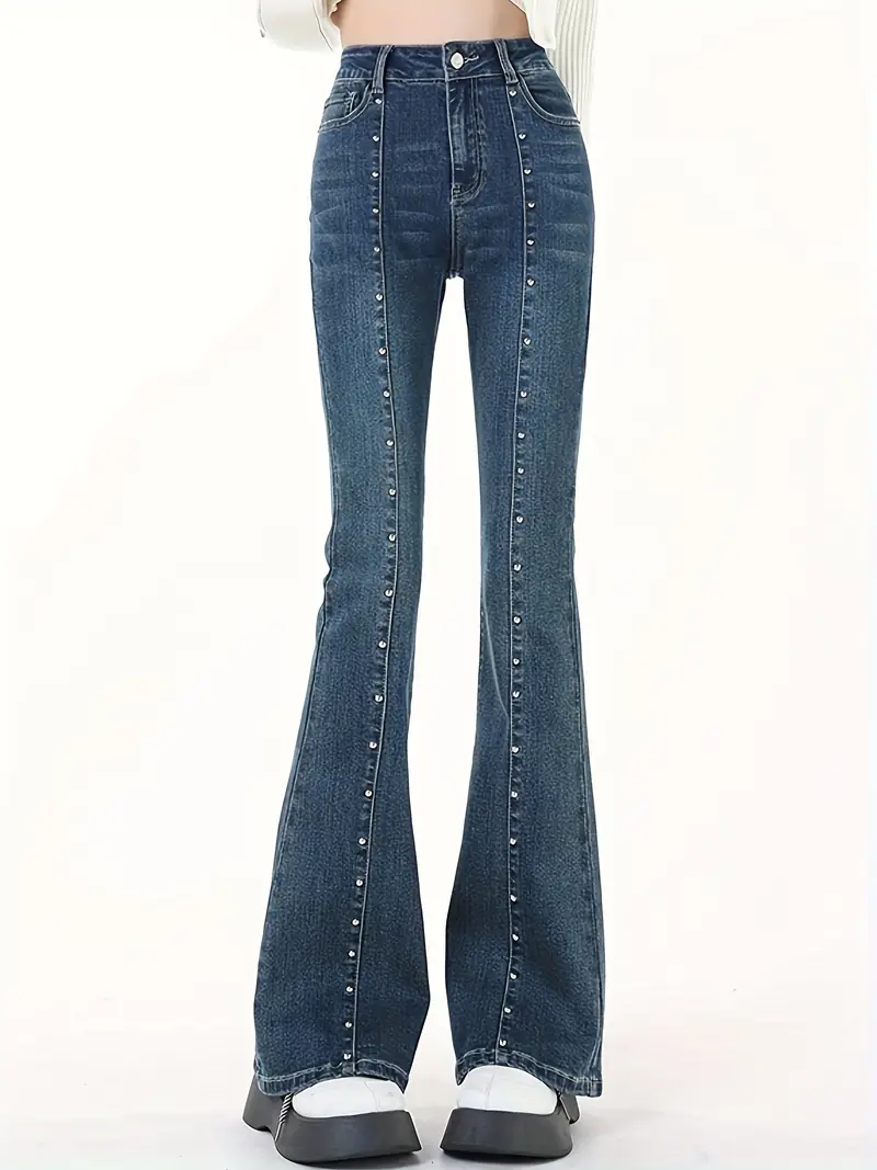 Contrast Color Chic Bootcut Jeans High Waist Slim Fit - Temu