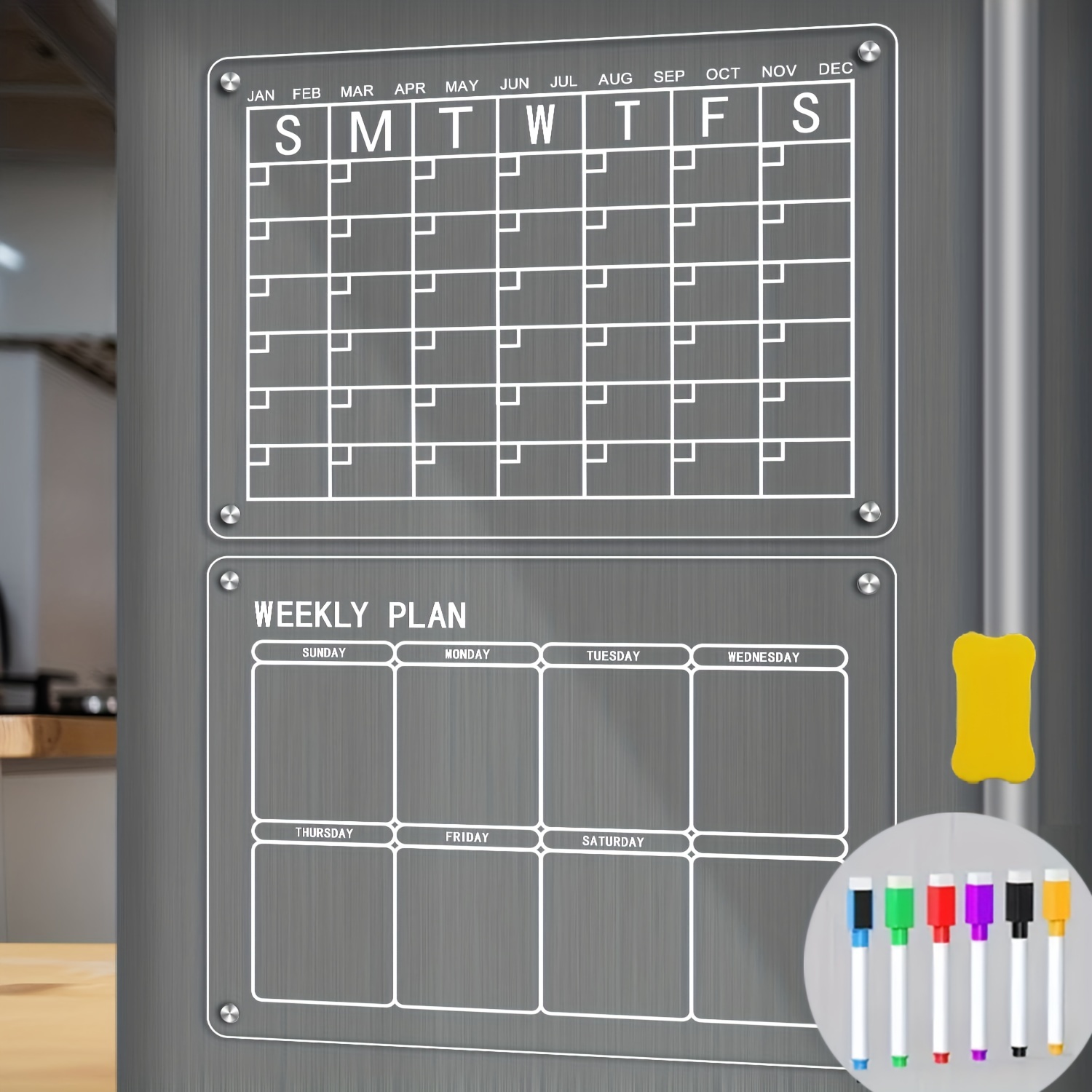 Acrylic Weekly Planner for Fridge - Clear Dry Erase Board for Fridge with 6  Colorful Markers, Marker Holder & Reusable Sticky Notes - Refridgerator