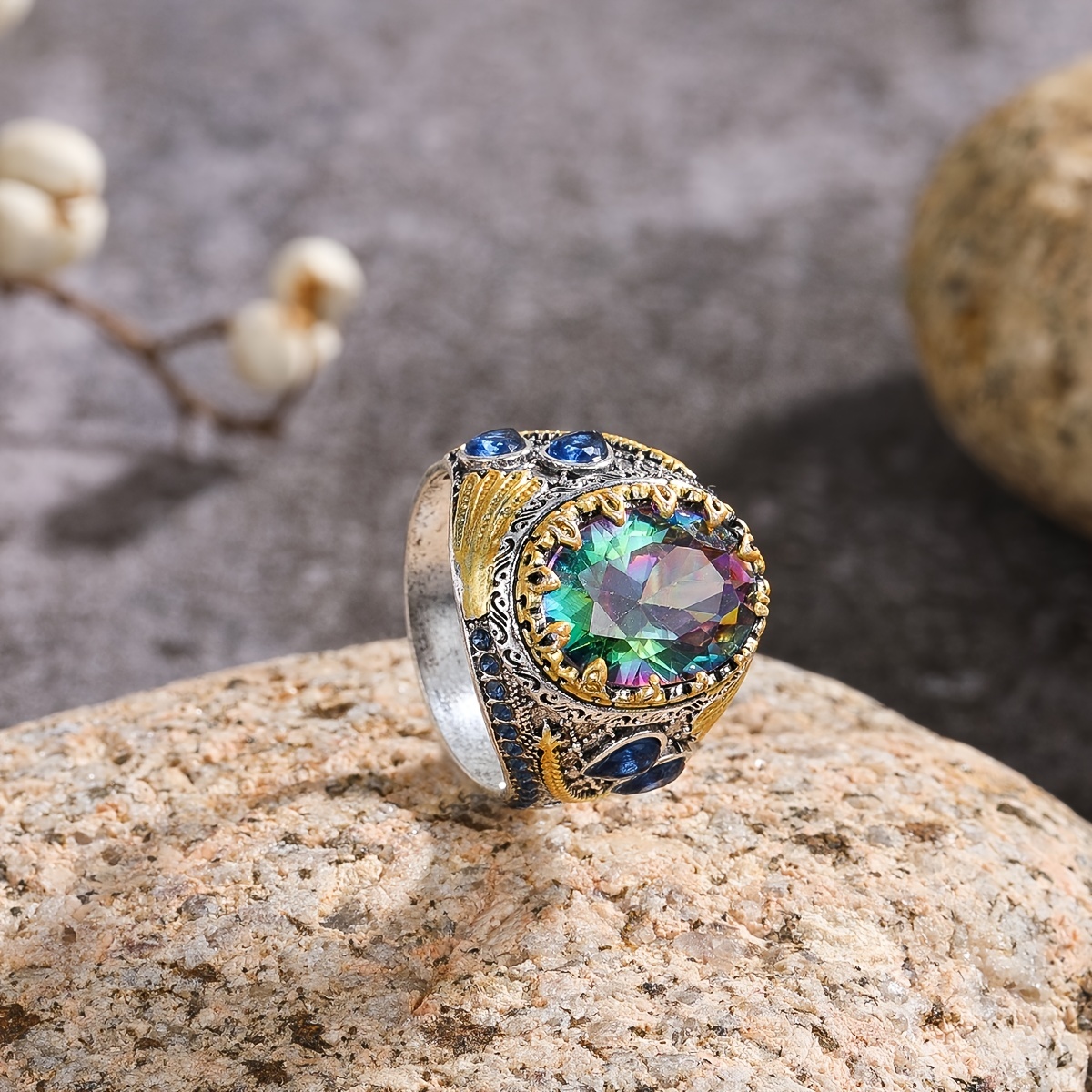 Retro Colorful Round Zircon Ring for Men