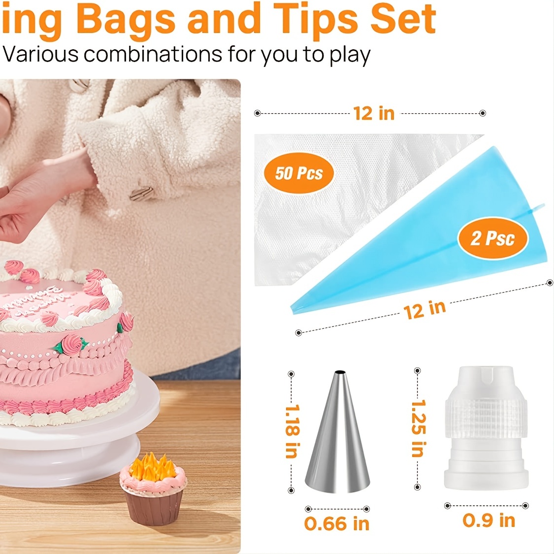 100pcs Cake Decorating Supplies Kit - Cake Turntable Set with 48 Icing Piping Tips, 20 Disposable Pastry Bags, 2 Couplers, Baking Tools for