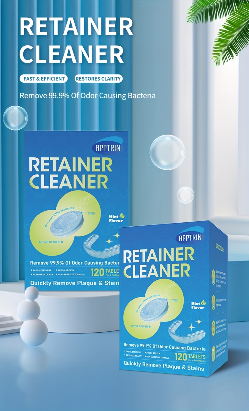 120 tablets retainer cleaner tablets retainer denture cleansing tablets mint flavor removes stain plaque odor for dentures retainers night guards mouth guard removable dental appliances details 0