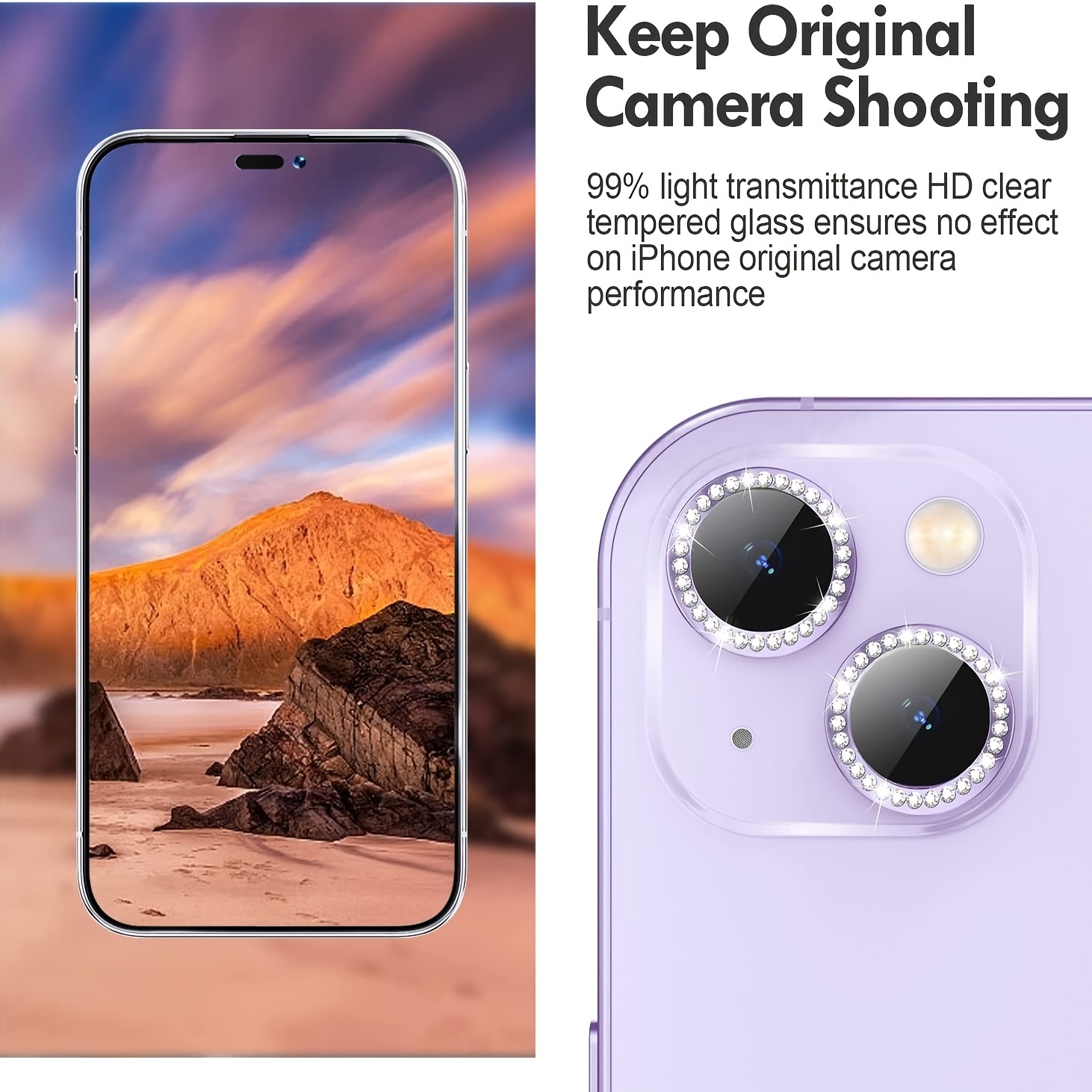 Protector de lente de cámara compatible con iPhone 15 y 15 Plus, protector  de lente de cámara de vidrio templado con purpurina brillante 9H, protector