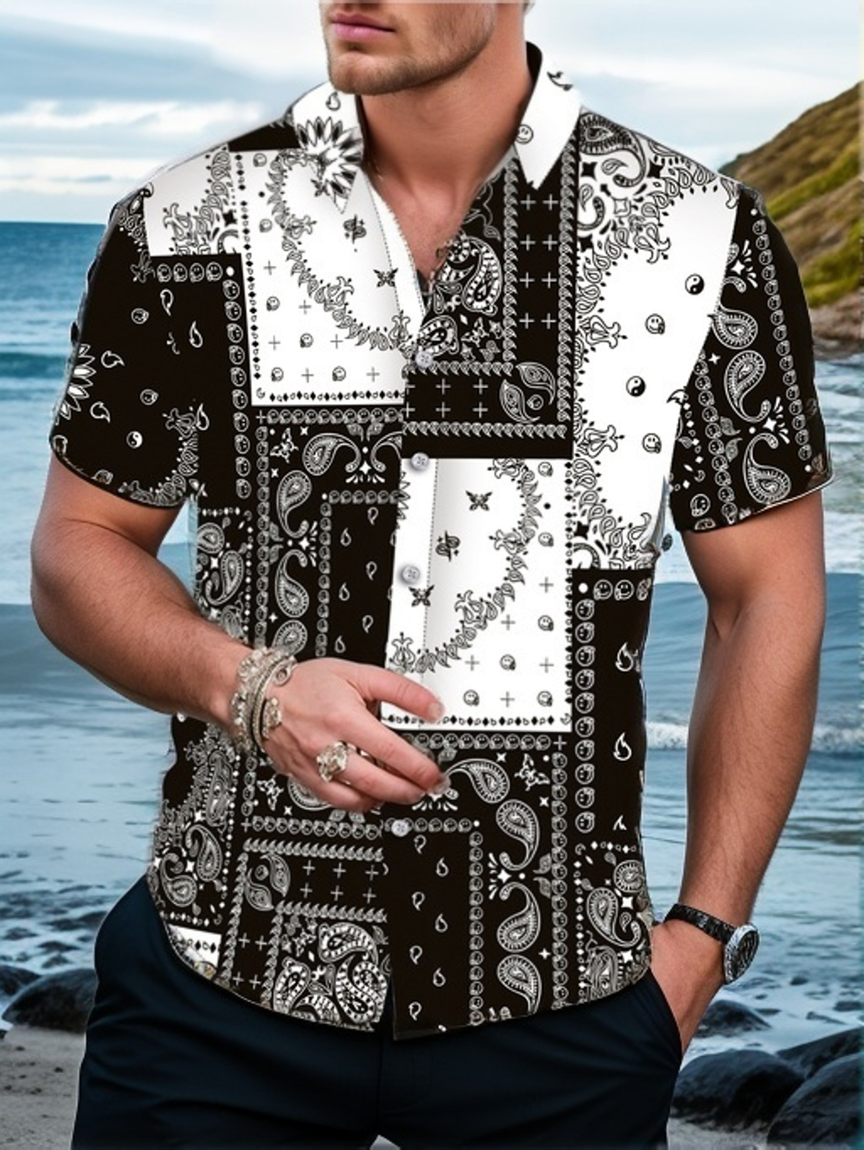 Men's Shirt Top, Retro Bandana Print, Camp Collar Bowling Shirts Short  Sleeve Closure Summer Hawaiian Shirt Male Casual Button Up Shirt For Daily 