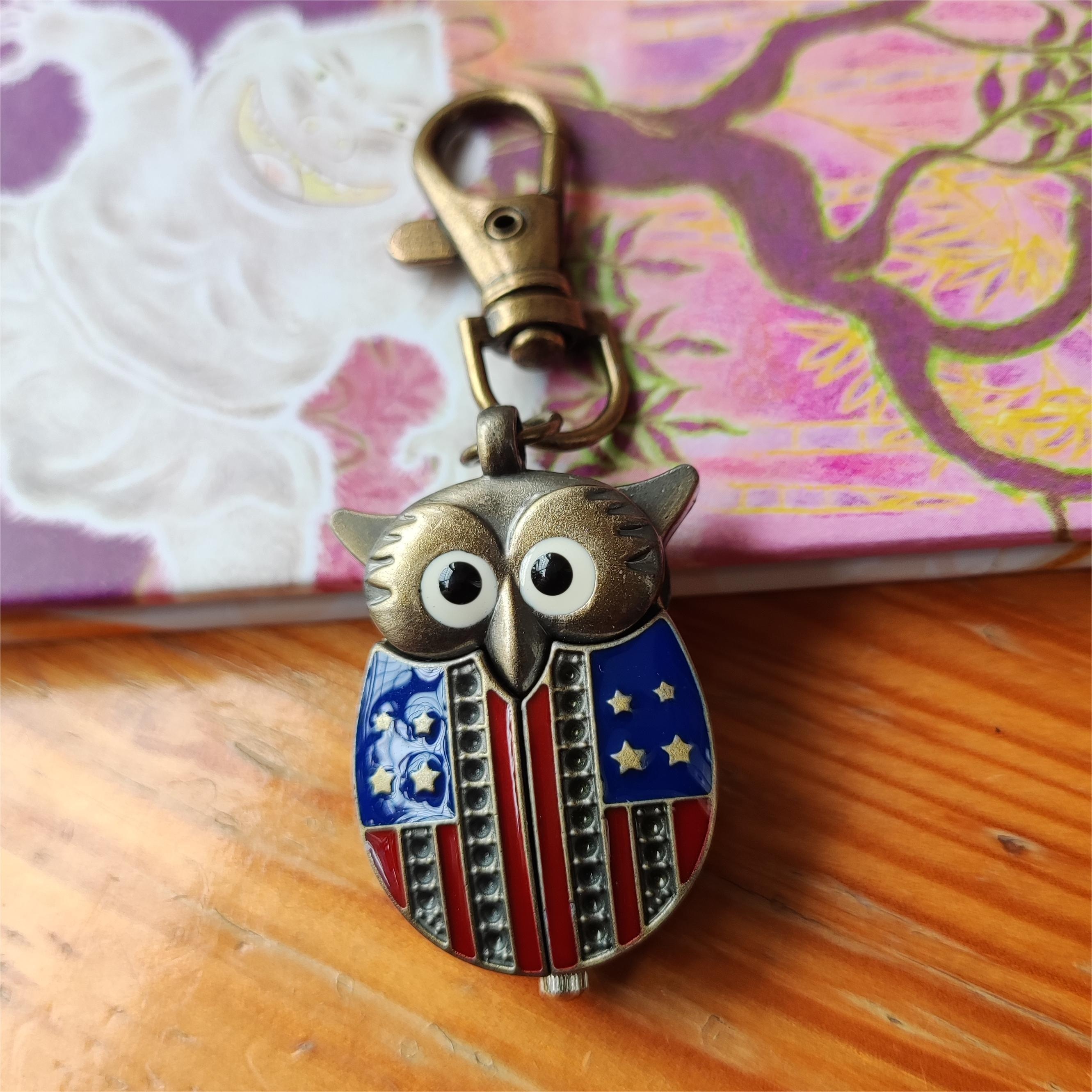 american flag owl quartz pocket watch with clip cute animal nurse watch independence day hanging lapel brooch fob watch bronze 0